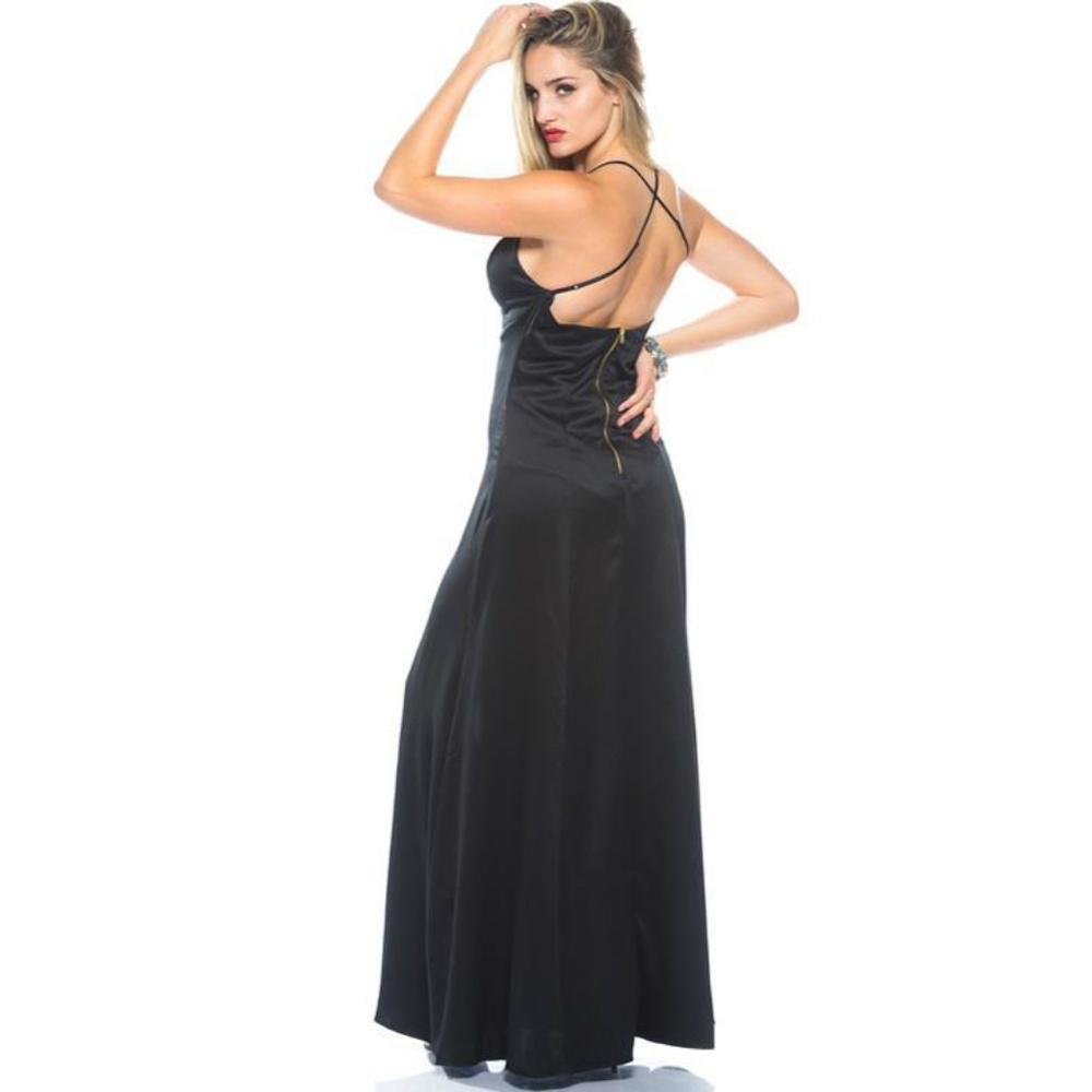 Black Satin Plunge Neck Double High Slit X Cross B - Picture 2 of 4